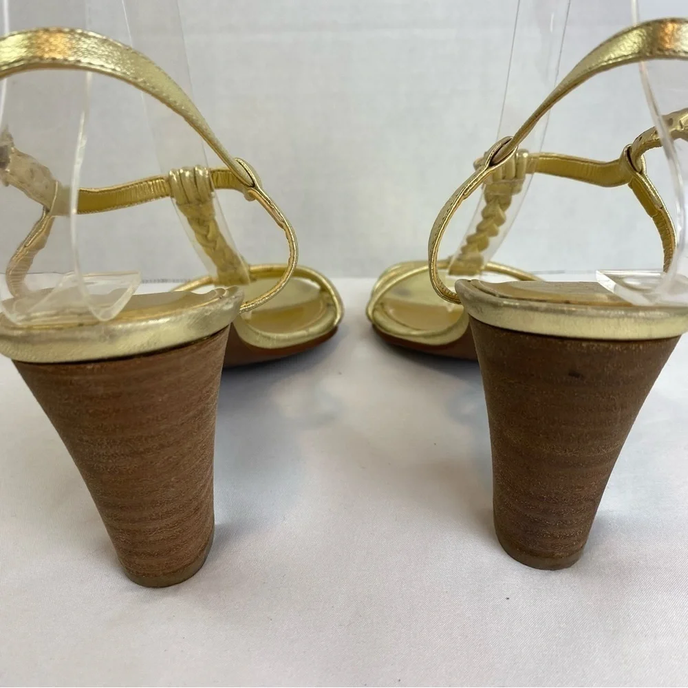 J. Crew “Paige” Metallic Gold Strppy Leather Braided Chunky Heel